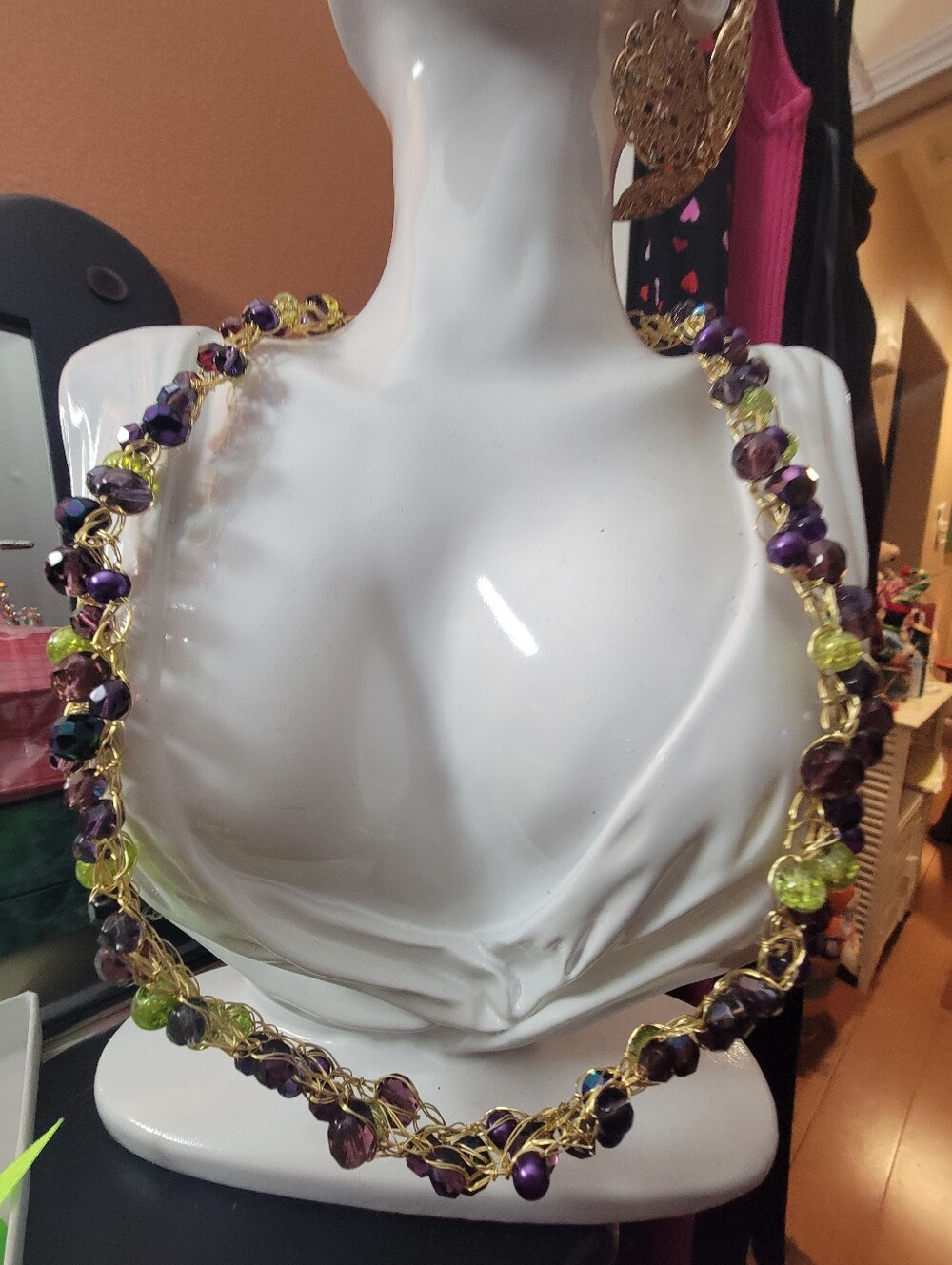 Gold Wire Braided Necklace with Purple and Lime Beads, Toggle Clasp